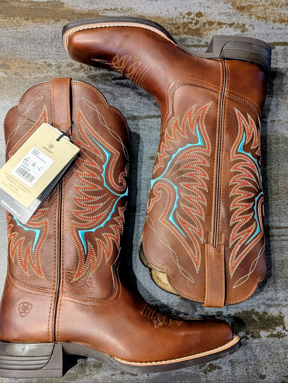 Ariat Brown Leather Cowboy Boots with Turquoise & Red Embroidery - Picture 1 of 8